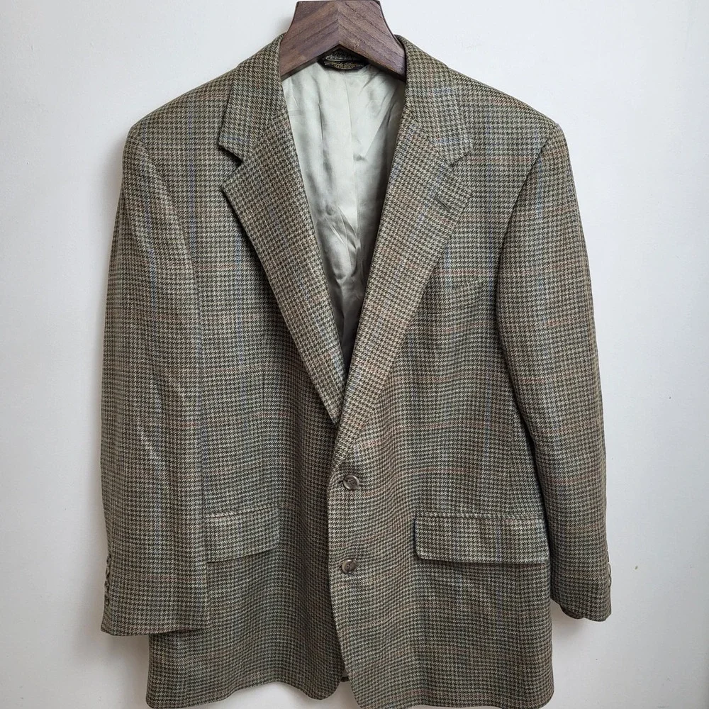 Brooks Brothers 42R Green Tan Houndstooth Wool‎ Sport Coat Menswear Blazer USA